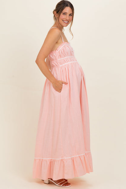 Soft Pink Lace Ribbon Detail Maternity Maxi Dress