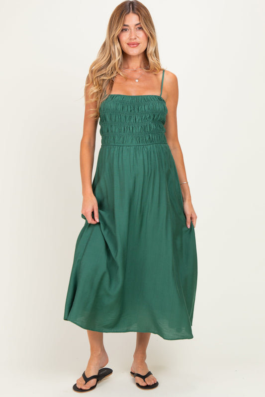 Kelly Green Smocked Thin Strap Maternity Midi Dress