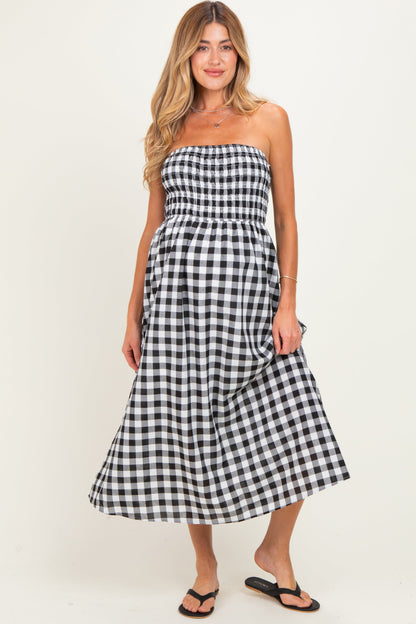 Black White Plaid Strapless Smocked Maternity Midi Dress