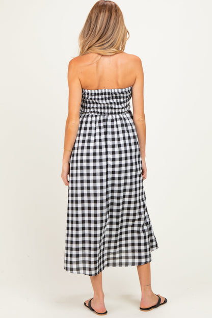 Black White Plaid Strapless Smocked Maternity Midi Dress