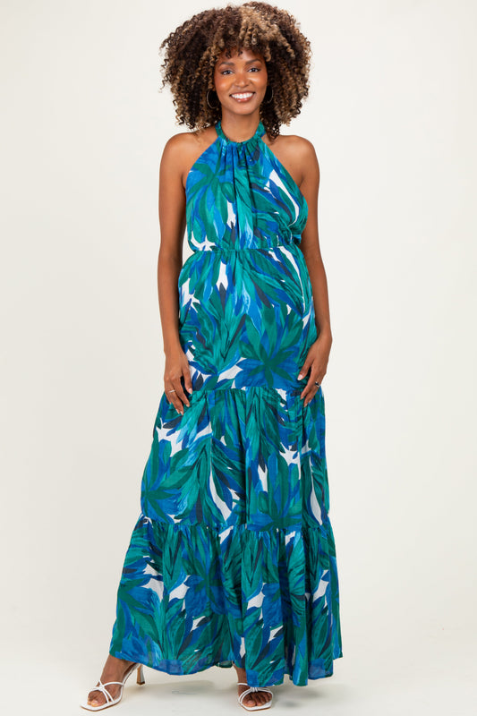 Green Printed Open Cross Back Maternity Maxi Dress