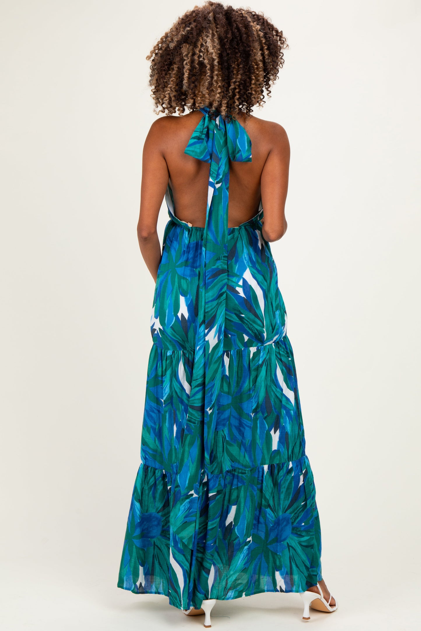 Green Printed Open Cross Back Maternity Maxi Dress