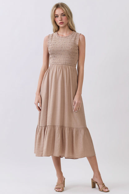 Beige Smocked And Tiered Maternity Maxi Dress