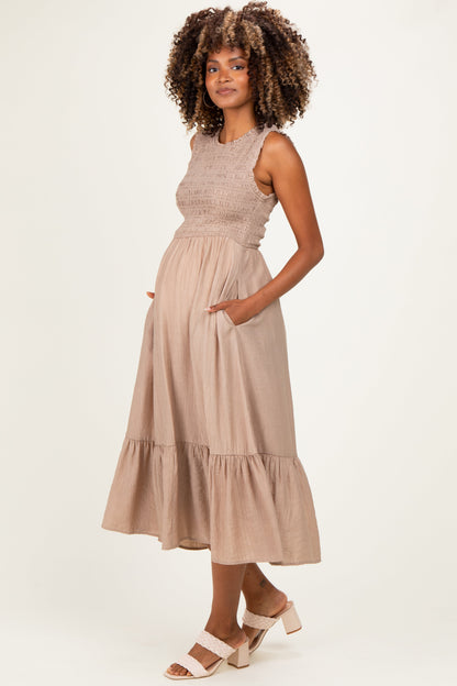 Beige Smocked And Tiered Maternity Maxi Dress