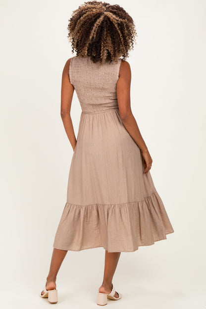 Beige Smocked And Tiered Maternity Maxi Dress