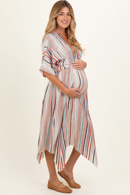 White Multi Printed Deep V-Neck Maternity Maxi Dress