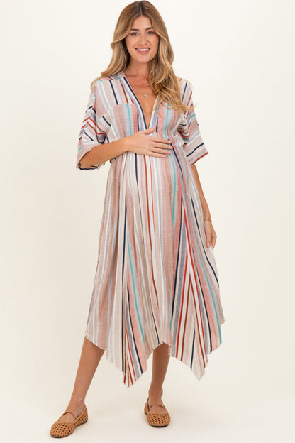 White Multi Printed Deep V-Neck Maternity Maxi Dress