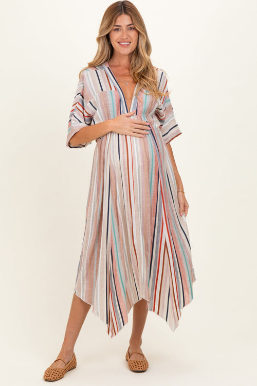 White Multi Printed Deep V-Neck Maternity Maxi Dress