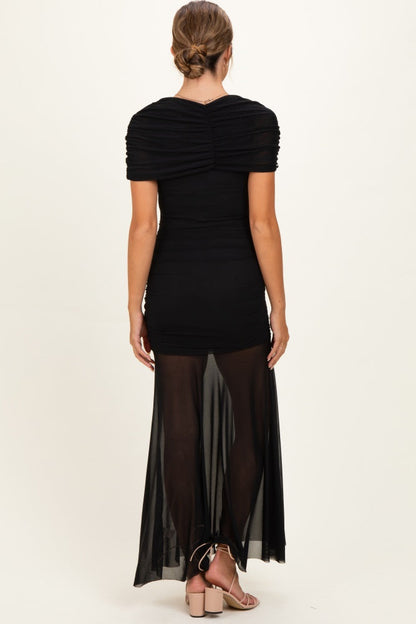 Black Draped Bodice Ruched Mesh Maternity Maxi Dress