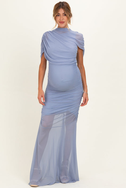 Blue Draped Bodice Ruched Mesh Maternity Maxi Dress
