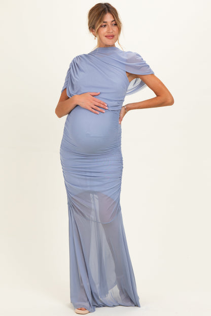 Blue Draped Bodice Ruched Mesh Maternity Maxi Dress