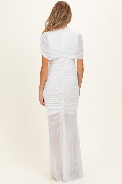 Ivory Draped Bodice Ruched Mesh Maternity Maxi Dress