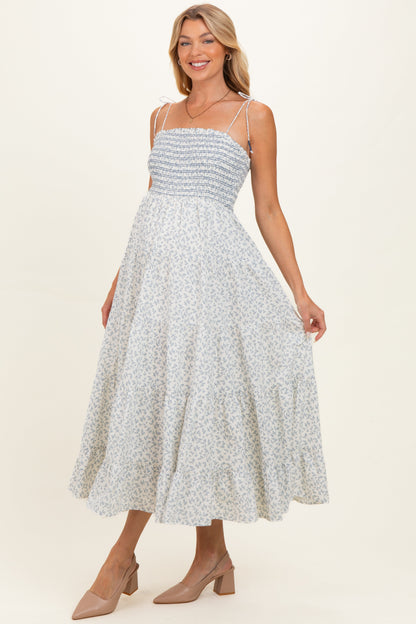 Cream Blue Floral Smocked Tiered Maternity Midi Dress