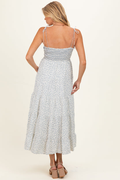 Cream Blue Floral Smocked Tiered Maternity Midi Dress