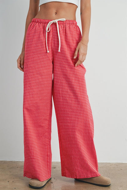 Red Plaid Drawstring Maternity Lounge Pants