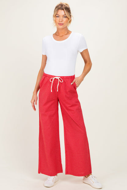 Red Plaid Drawstring Maternity Lounge Pants