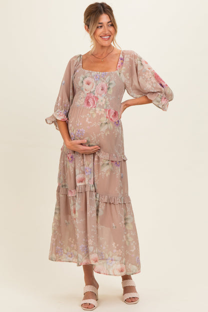 Taupe Floral Smocked Chiffon Tiered Maternity Maxi Dress