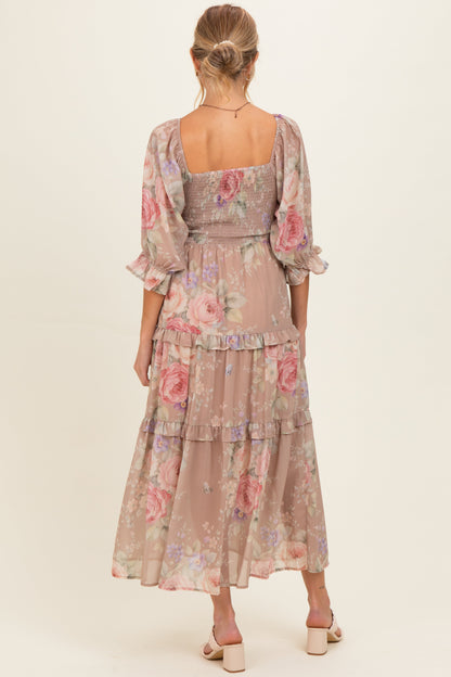 Taupe Floral Smocked Chiffon Tiered Maternity Maxi Dress
