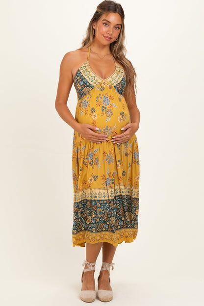 Yellow Mixed Print Halter Maternity Maxi Dress