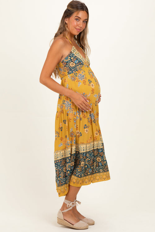 Yellow Mixed Print Halter Maternity Maxi Dress