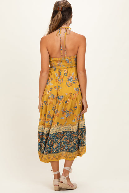 Yellow Mixed Print Halter Maternity Maxi Dress