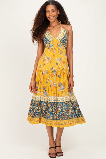 Yellow Mixed Print Halter Maternity Maxi Dress