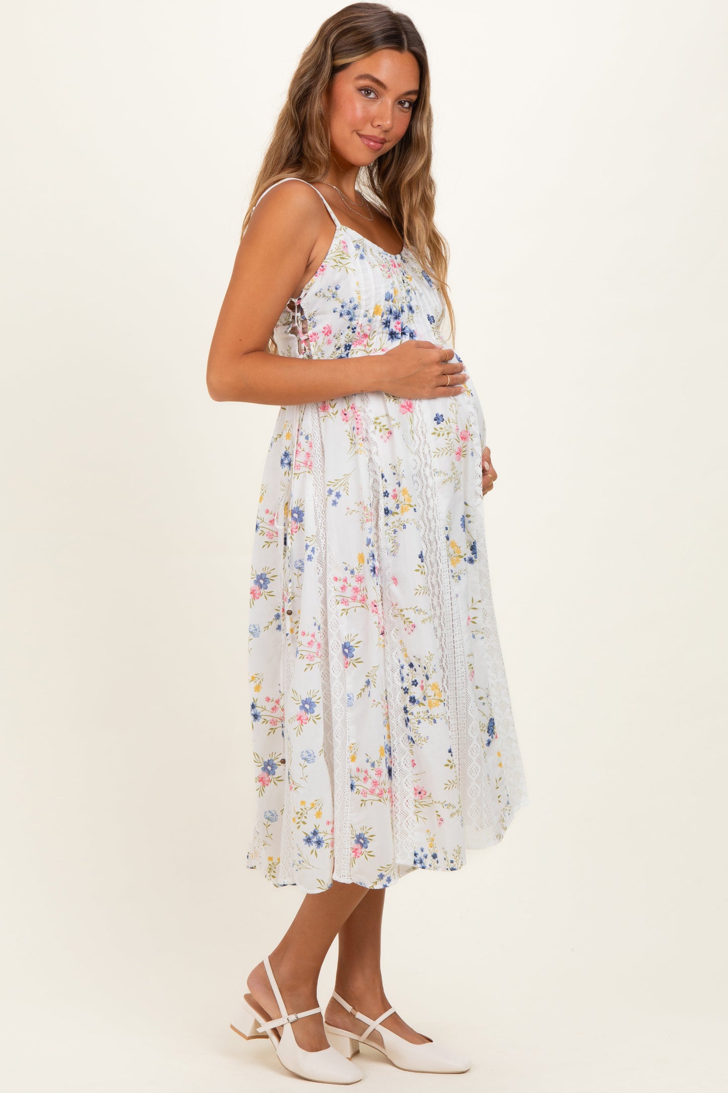 Ivory Pleated Side Tie Lace Accent Maternity Midi Dress