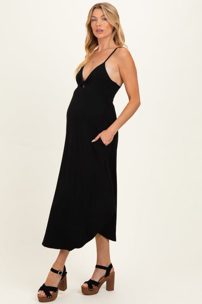 Black Solid V-Neck Cami Maternity Dress