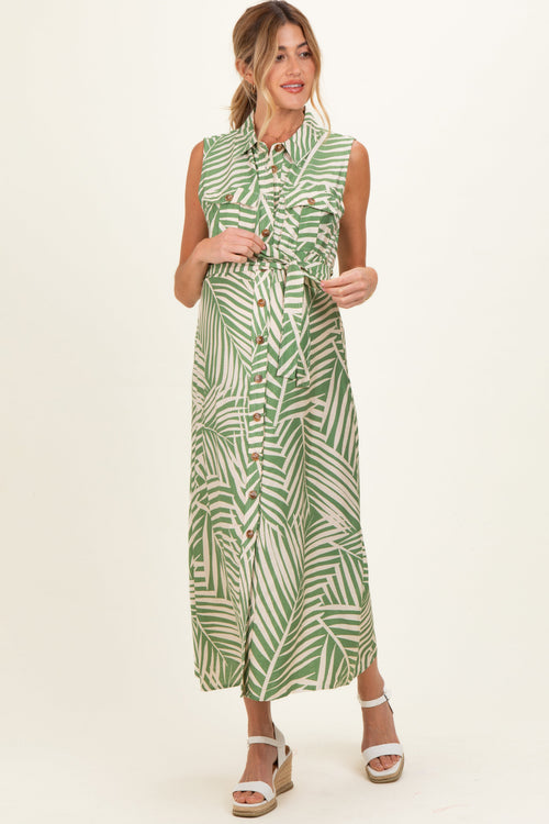 Sage Printed Sleeveless Maternity Maxi Shirt Dress
