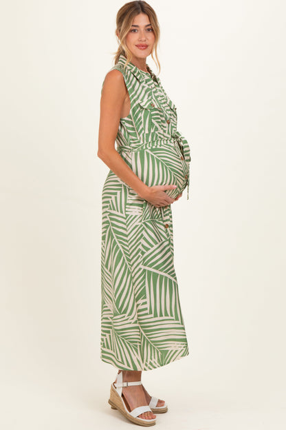Sage Printed Sleeveless Maternity Maxi Shirt Dress