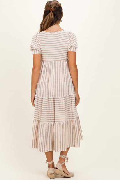 Cream/ Mocha Striped Short Sleeve Tiered Maternity Maxi Dress