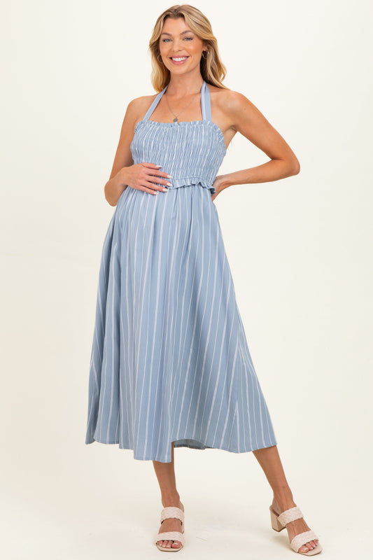 Blue Striped Smocked Halter Maternity Midi Dress