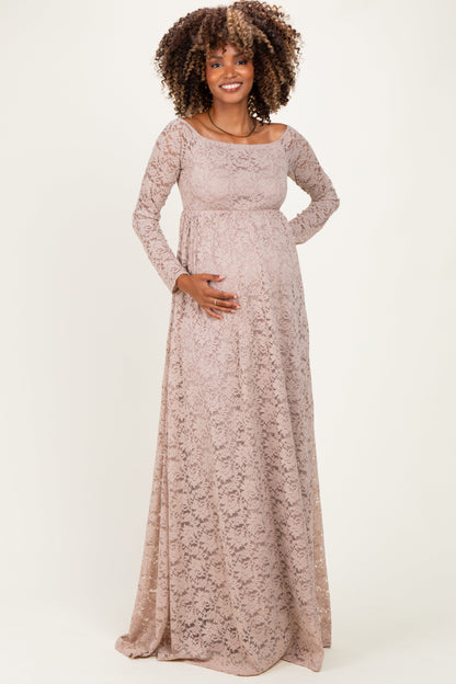 Mocha Floral Lace Long Sleeve Off Shoulder Maternity Maxi Dress