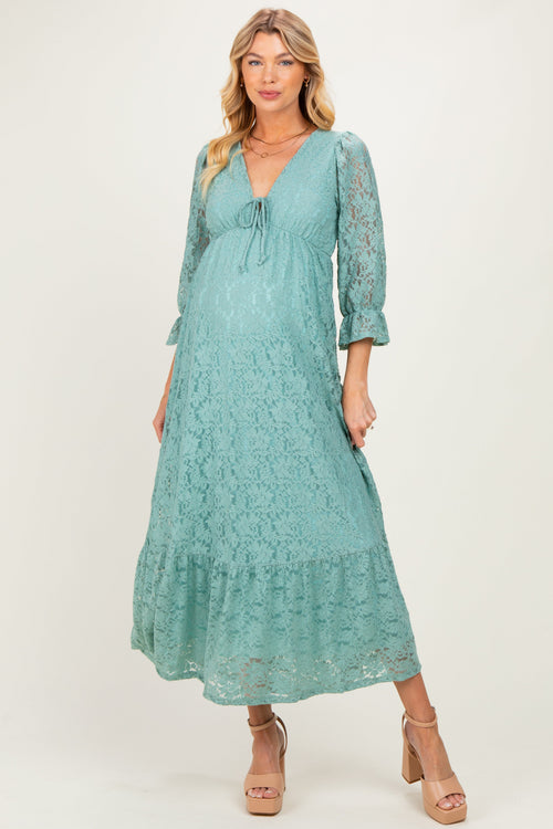 Blue Floral Lace 3/4 Ruffle Sleeve V-Neck Maternity Maxi Dress