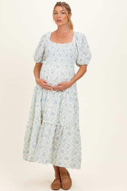 Blue Floral Puff Sleeve Ruffle Tiered Maternity Maxi Dress