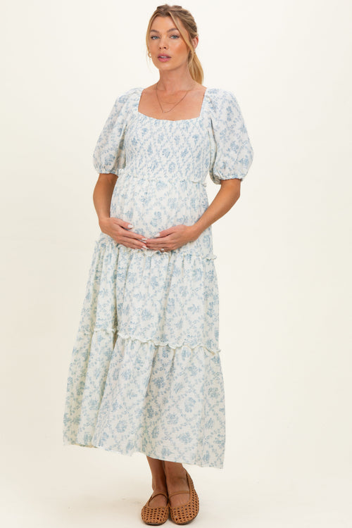 Blue Floral Puff Sleeve Ruffle Tiered Maternity Maxi Dress