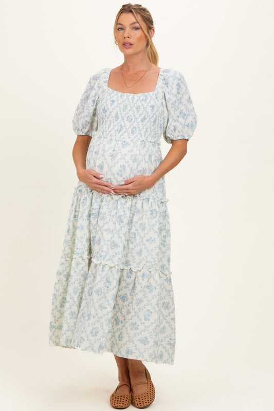 Blue Floral Puff Sleeve Ruffle Tiered Maternity Maxi Dress