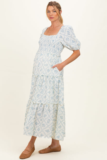 Blue Floral Puff Sleeve Ruffle Tiered Maternity Maxi Dress