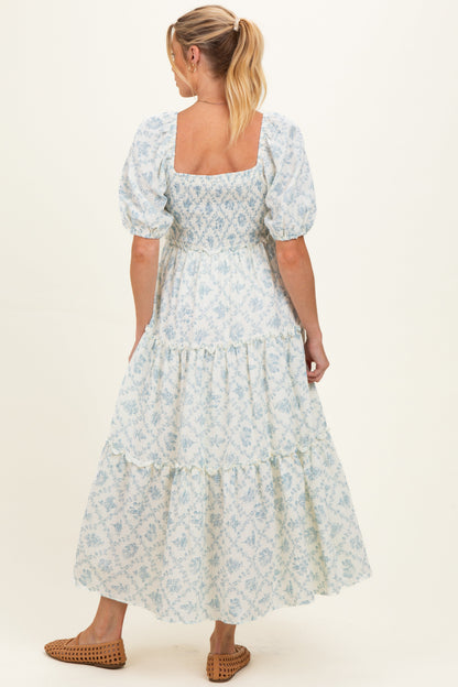 Blue Floral Puff Sleeve Ruffle Tiered Maternity Maxi Dress
