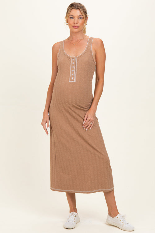Tan Cable Knit Sleeveless Maternity Midi Dress