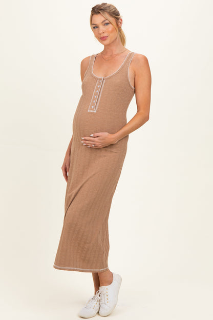 Tan Cable Knit Sleeveless Maternity Midi Dress