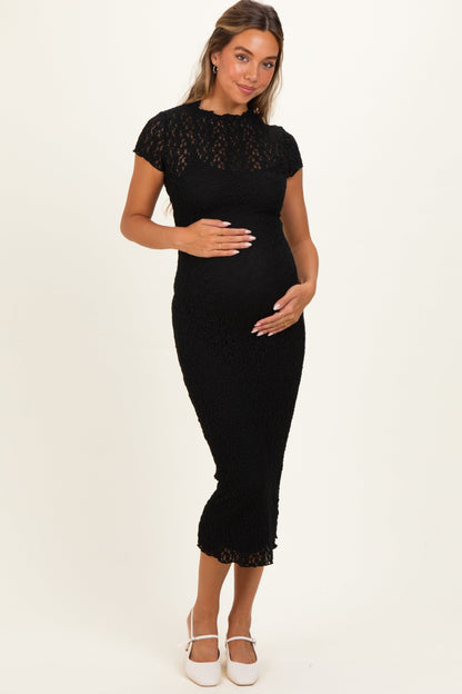 Black Sheer Lace Overlay Short Sleeve Maternity Midi Dress