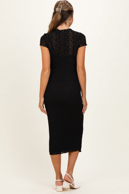 Black Sheer Lace Overlay Short Sleeve Maternity Midi Dress