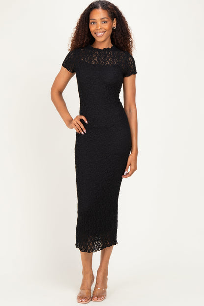 Black Sheer Lace Overlay Short Sleeve Maternity Midi Dress