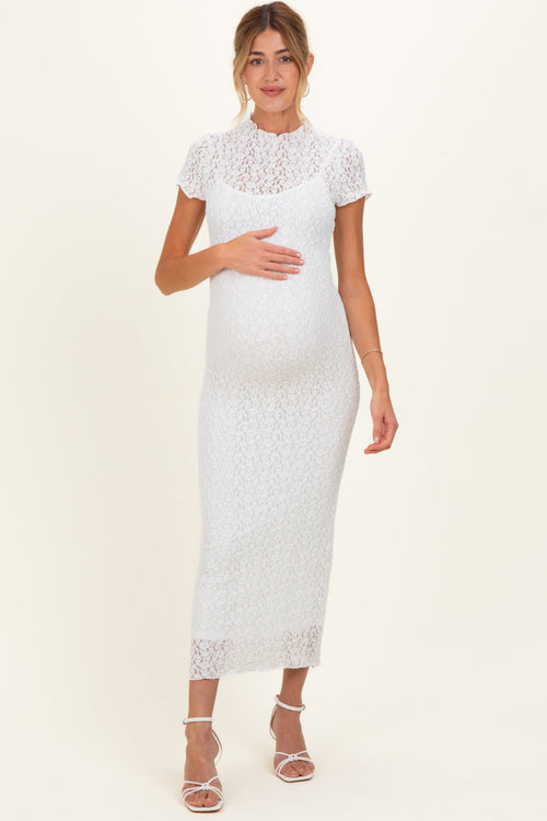 White Sheer Lace Overlay Short Sleeve Maternity Midi Dress