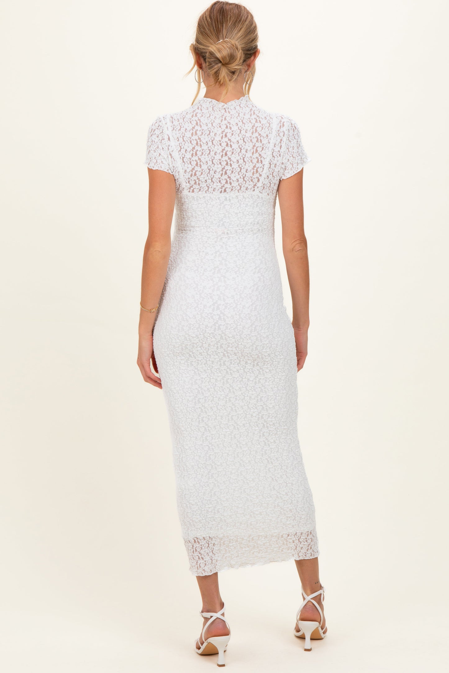 White Sheer Lace Overlay Short Sleeve Maternity Midi Dress