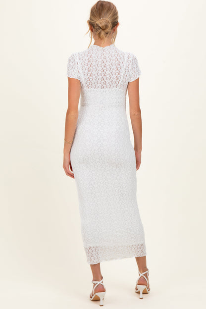 White Sheer Lace Overlay Short Sleeve Maternity Midi Dress