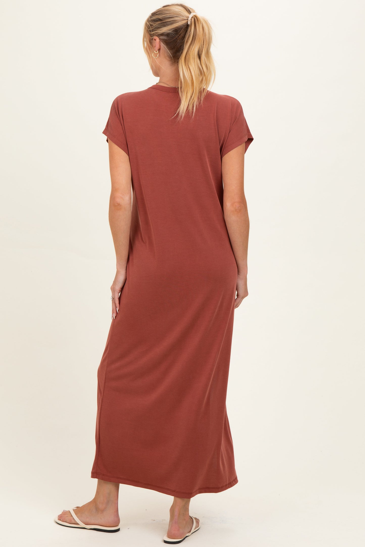 Brick Boxy Side Slit Maternity Maxi Dress