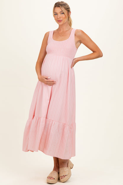 Pink Smocked Striped Sleeveless Maternity Maxi Dress