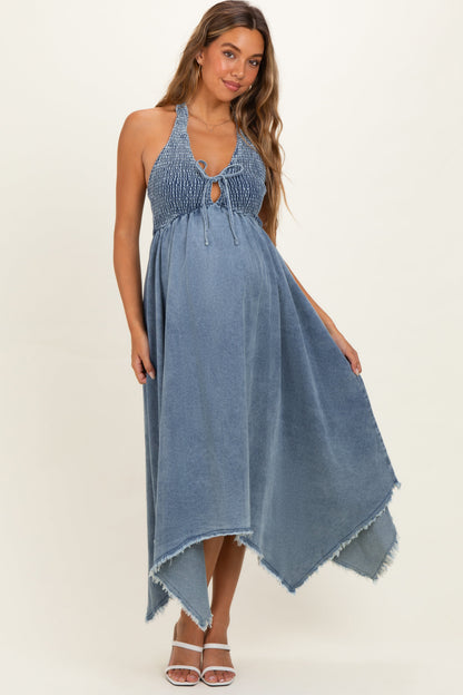 Light Denim Smocked Halter Handkerchief Maternity Dress
